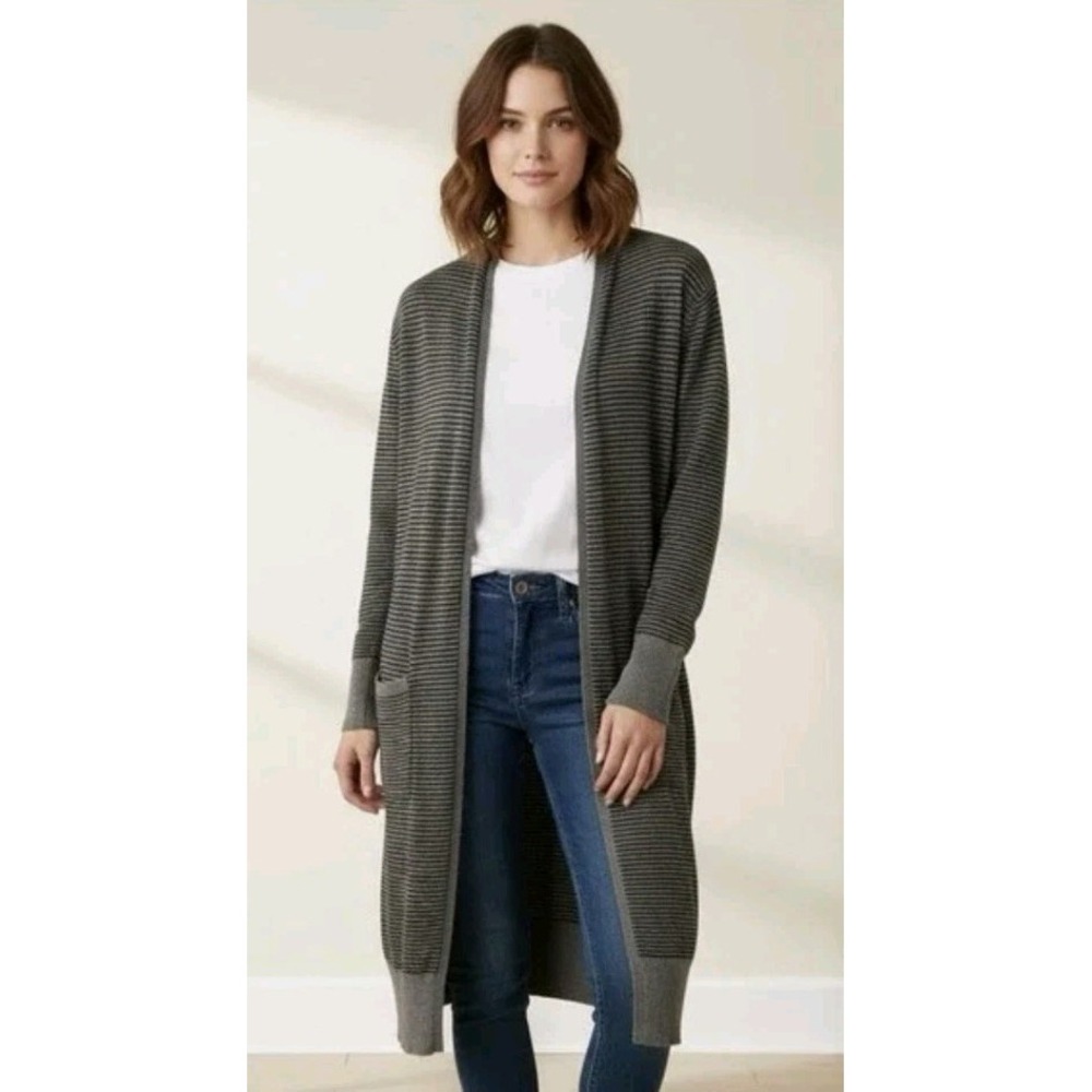 NEW EILEEN FISHER Italian Cozy Stretch Black Gray Stripe Cardigan M Boho Casual